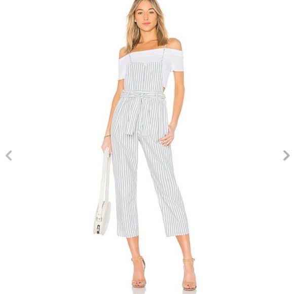 Free People] Blue White strips Belted Overall Jumpsuit - Picture 3 of 16